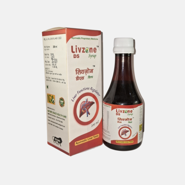 Livzone DS Syrup bottle - herbal liver tonic with Ayurvedic ingredients for liver health and detoxification by Nature Grace Health Care