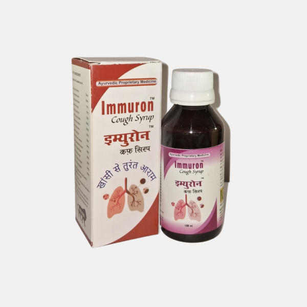 Immuron Ayurvedic Cough Syrup bottle - herbal remedy with Tulsi, Mulethi, and Sonth for cough and cold relief by Nature Grace Health Care.