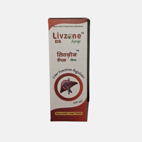 Livzone DS Syrup bottle - herbal liver tonic with Ayurvedic ingredients for liver health and detoxification by Nature Grace Health Care