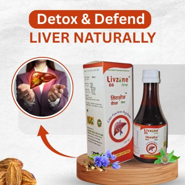 Livzone DS Syrup bottle - herbal liver tonic with Ayurvedic ingredients for liver health and detoxification by Nature Grace Health Care