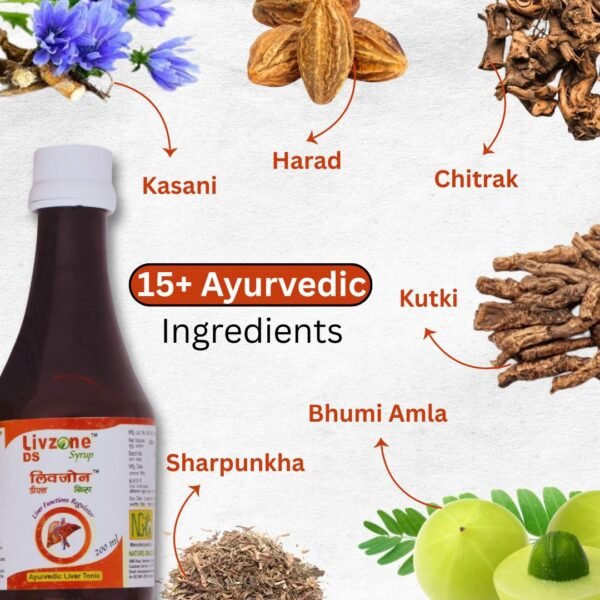 Livzone DS Syrup bottle - herbal liver tonic with Ayurvedic ingredients for liver health and detoxification by Nature Grace Health Care
