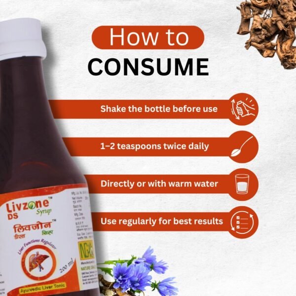 Livzone DS Syrup bottle - herbal liver tonic with Ayurvedic ingredients for liver health and detoxification by Nature Grace Health Care