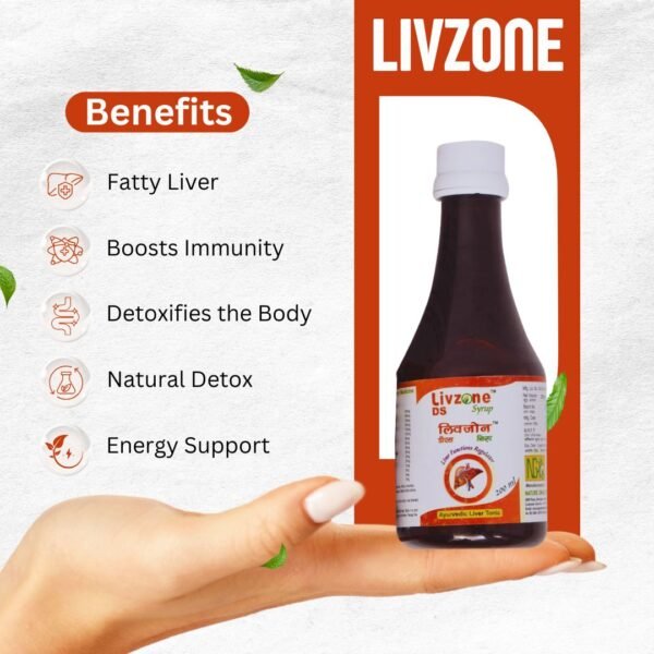 Livzone DS Syrup bottle - herbal liver tonic with Ayurvedic ingredients for liver health and detoxification by Nature Grace Health Care