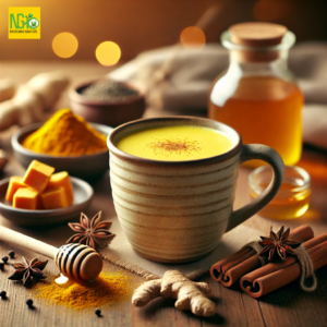 A warm cup of golden turmeric milk (haldi milk) surrounded by turmeric root, cinnamon, black pepper, and honey on a wooden table, emphasizing health and wellness.