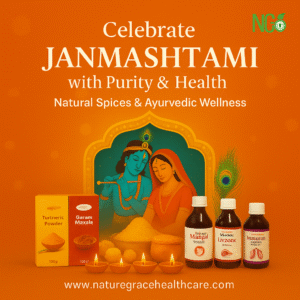 Lord Krishna and Radha Janmashtami celebration with Nature Grace Health Care Ayurvedic products, including turmeric powder, garam masala, and herbal syrups, surrounded by festive diyas and sweets.