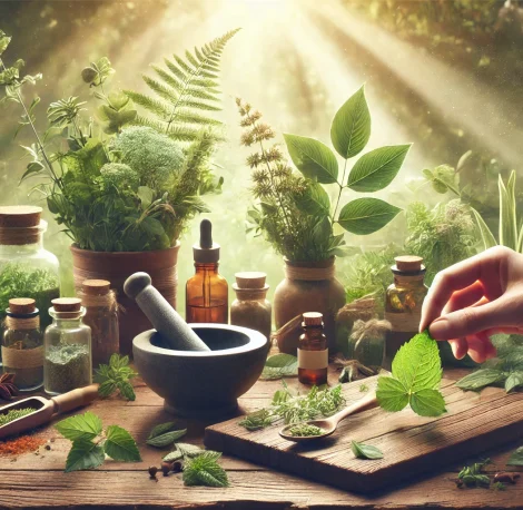 DALL·E 2025-02-04 22.58.24 - A hero image for a health and wellness website, featuring a wooden table with fresh herbs, spices, and natural medicine bottles arranged aesthetically