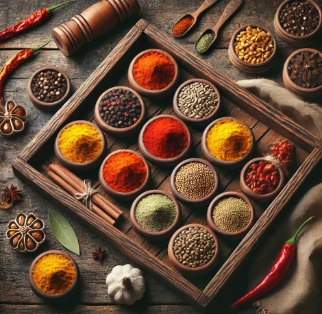 A category image for 'Pure Spices' section of an e-commerce website. The image should feature a top-down view of a wooden tray with vibrant, fresh spi